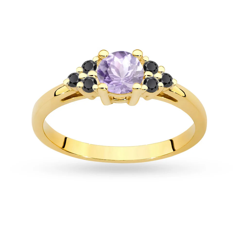 Prsten ze zlata 14k(585) s ametystem 0,50 ct a 6 bronzovými diamanty. Ideální jako dárek.