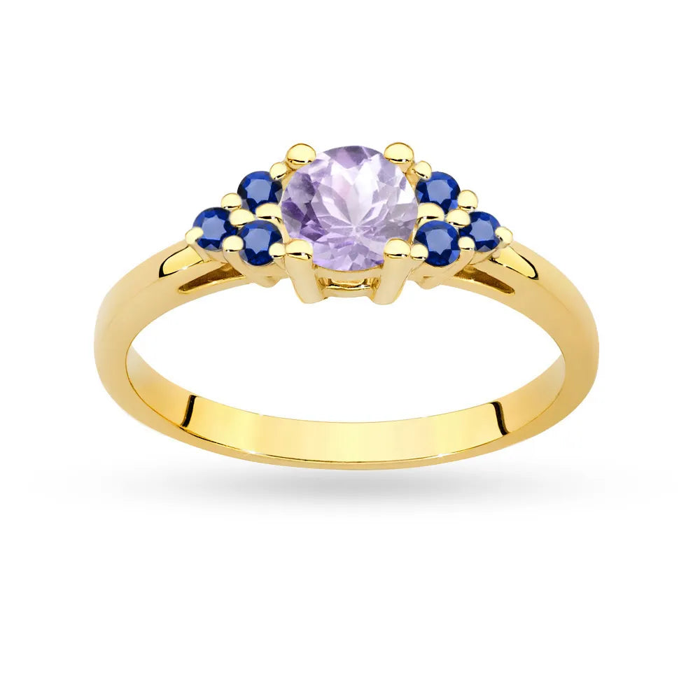 Prsten ze zlata 14k(585) s ametystem 0,50 ct a 6 safíry. Skvělý jako dárek.