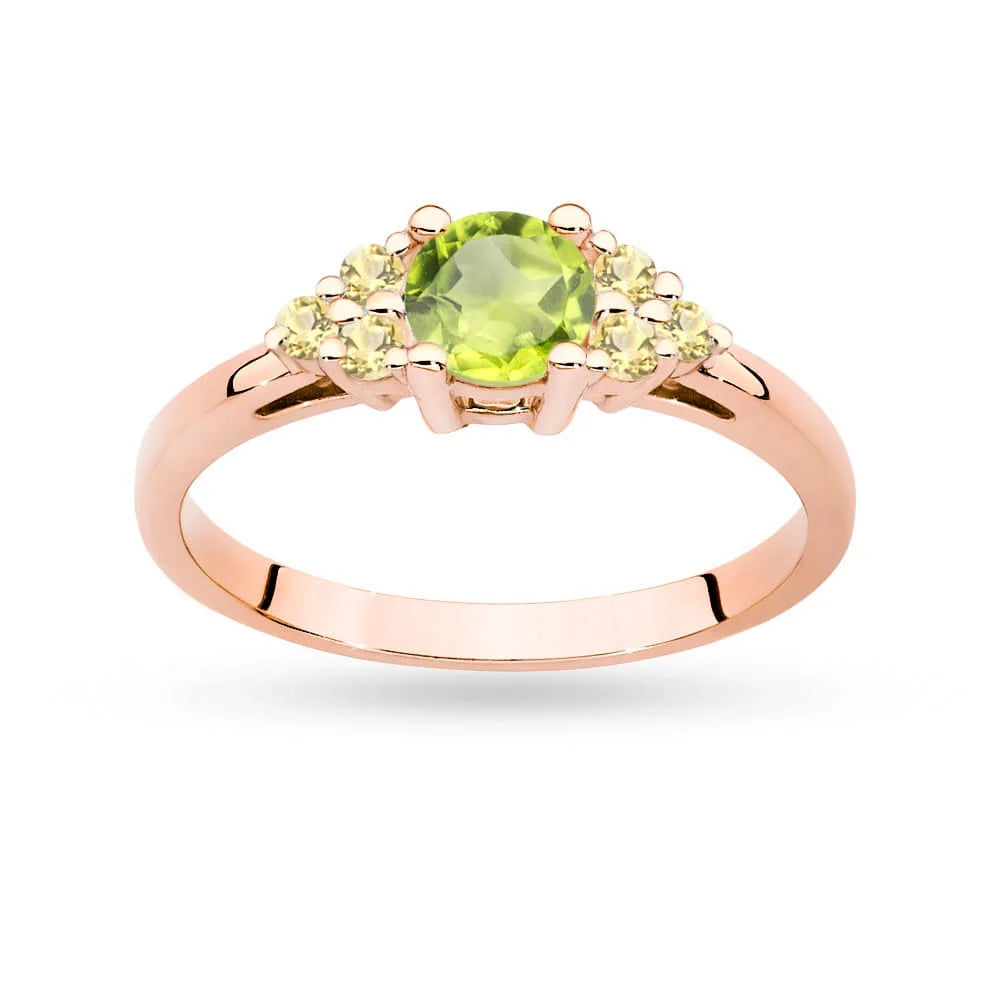 Rose Gold 14k(585) ring with 0,60ct olivine with 6 bronze diamonds. Perfect for a gift.