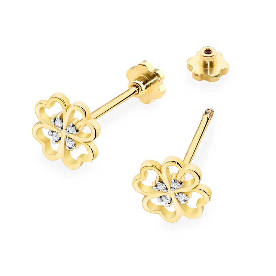 Gold Earrings with 0.04 ct Diamonds | 585 (14k) Gold Screw Back Stud Earrings