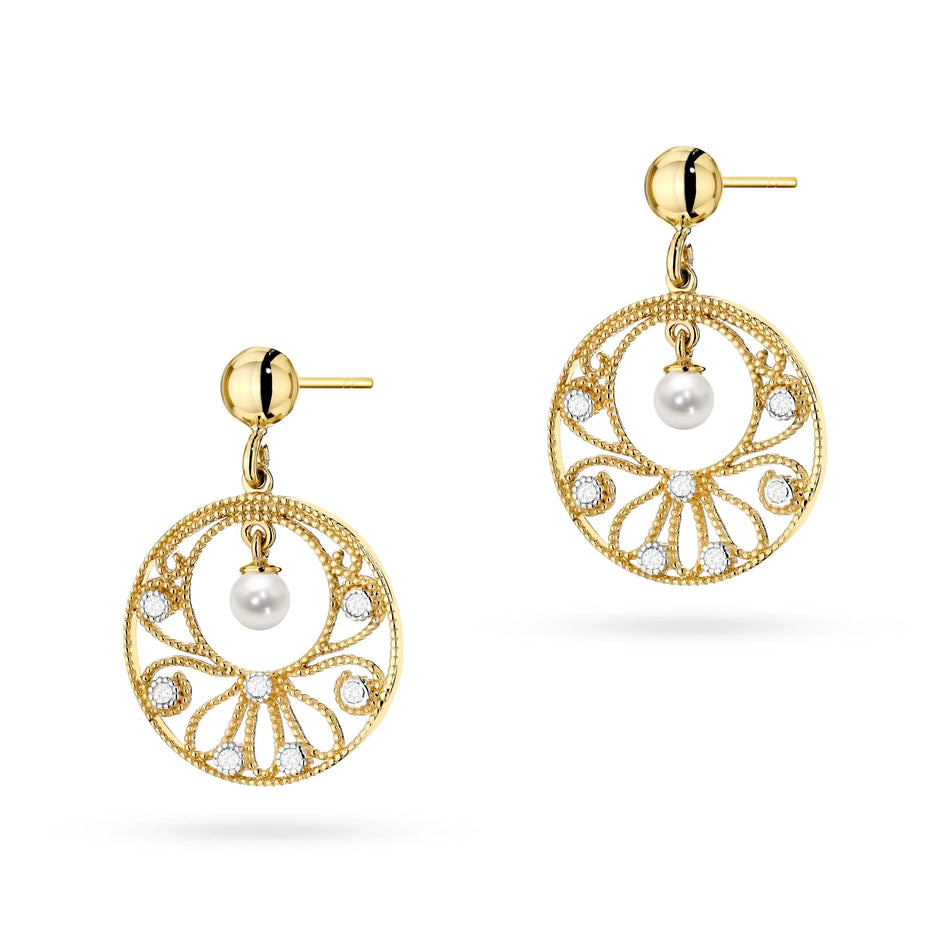 Gold 14k(585) dangle Earrings with pearl in vintage style. Order gift for mother, girlfriend or fiancee.
