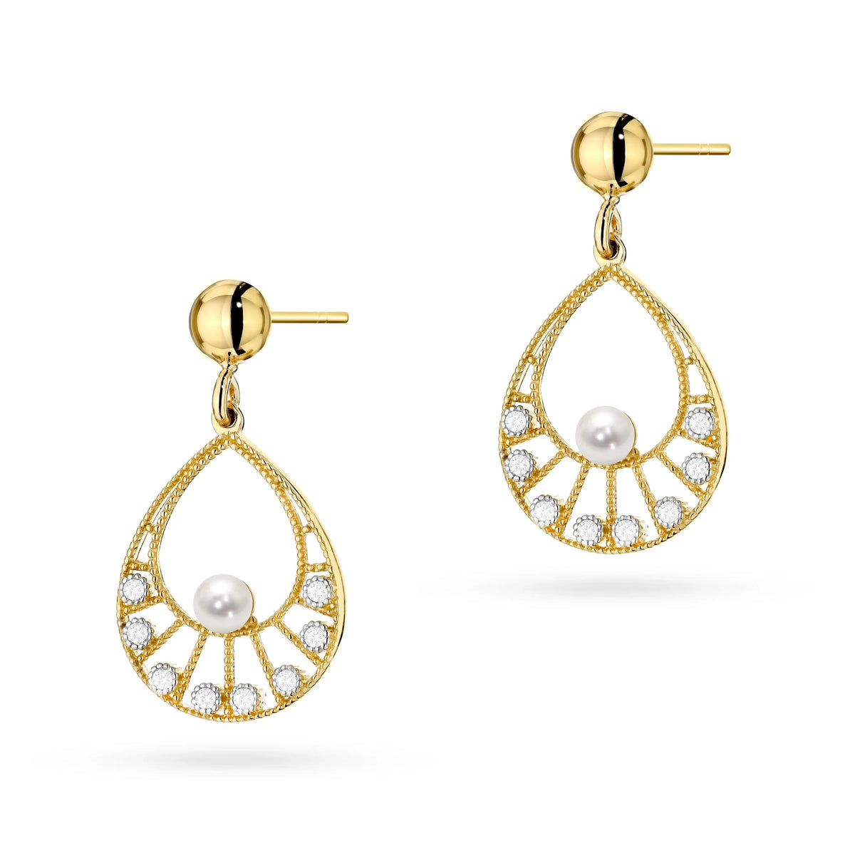 Náušnice visací ze zlata 14k(585) s perlou ve vintage stylu. Objednejte dárek pro maminku, přítelkyni nebo snoubenku.