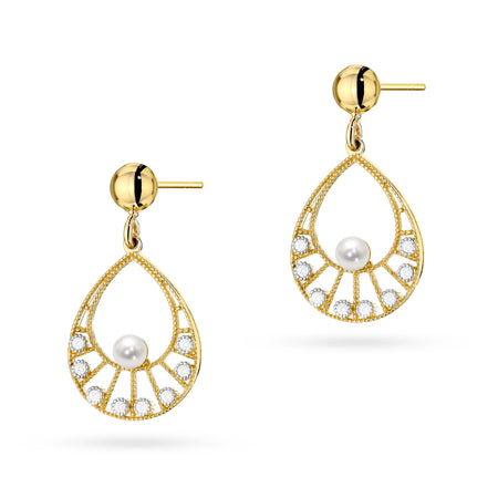 Náušnice visací ze zlata 14k(585) s perlou ve vintage stylu. Objednejte dárek pro maminku, přítelkyni nebo snoubenku.