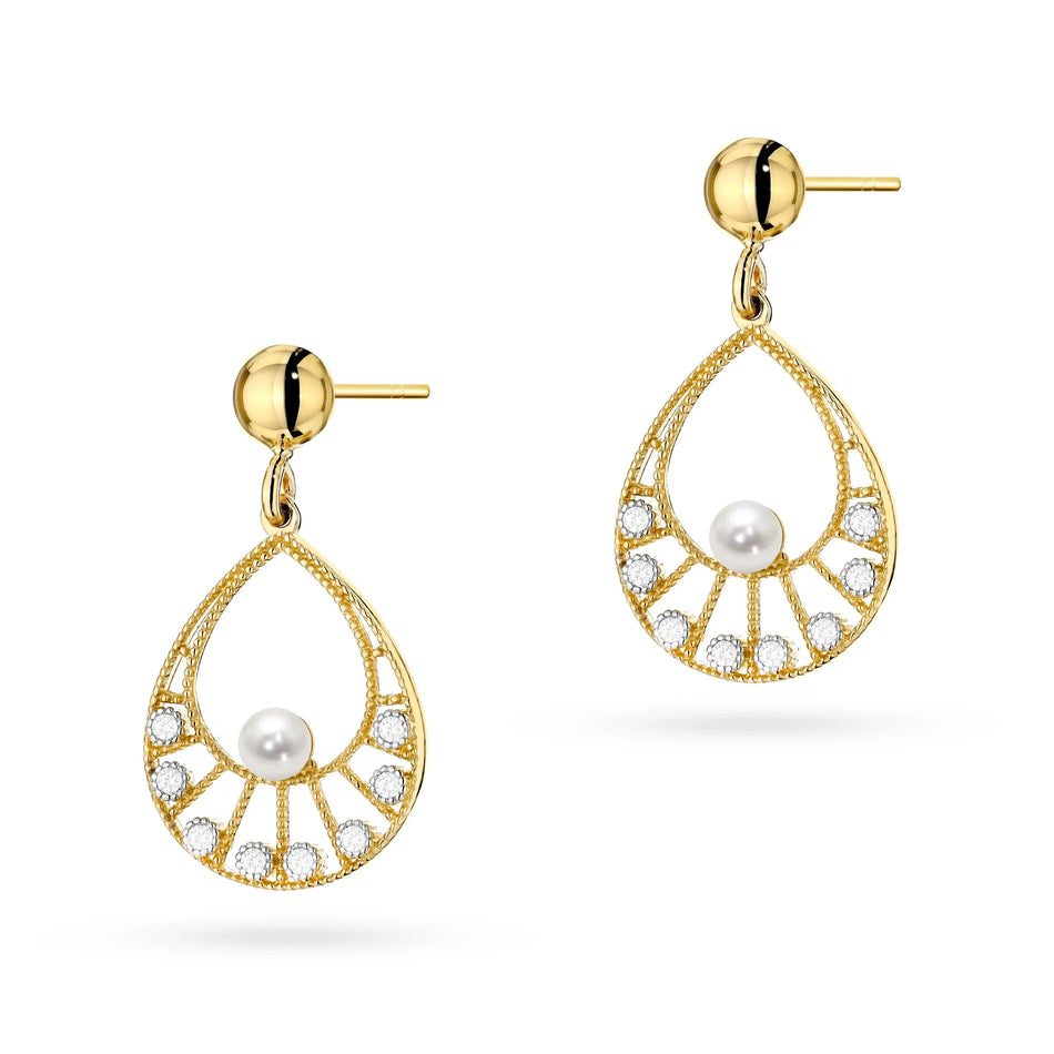 Gold 14k(585) dangle Earrings with pearl in vintage style. Order gift for mother, girlfriend or fiancee.