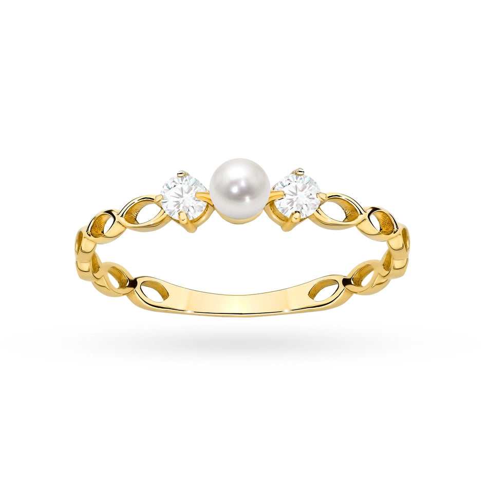 14k Gold (585) Openwork Ring | Pearl & Zirconias |  GREMARI Jewelry