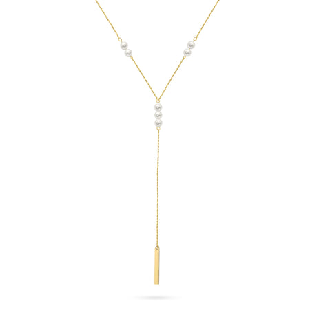 Gold 14k(585) tie necklace with pearl beads adn plate in vintage style. Order a gift for mother, girlfriend or fiancee.