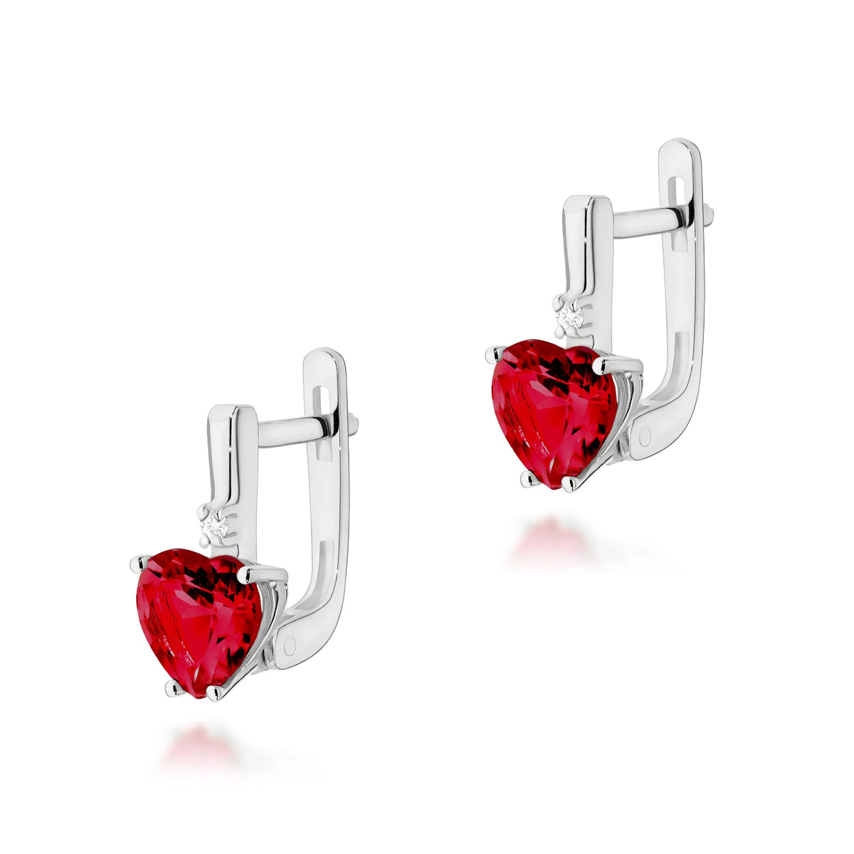 14k Gold Earrings with 1.70ct Heart-shaped Ruby and Diamonds. Packaged in the elegant box it's perfect for a gift.