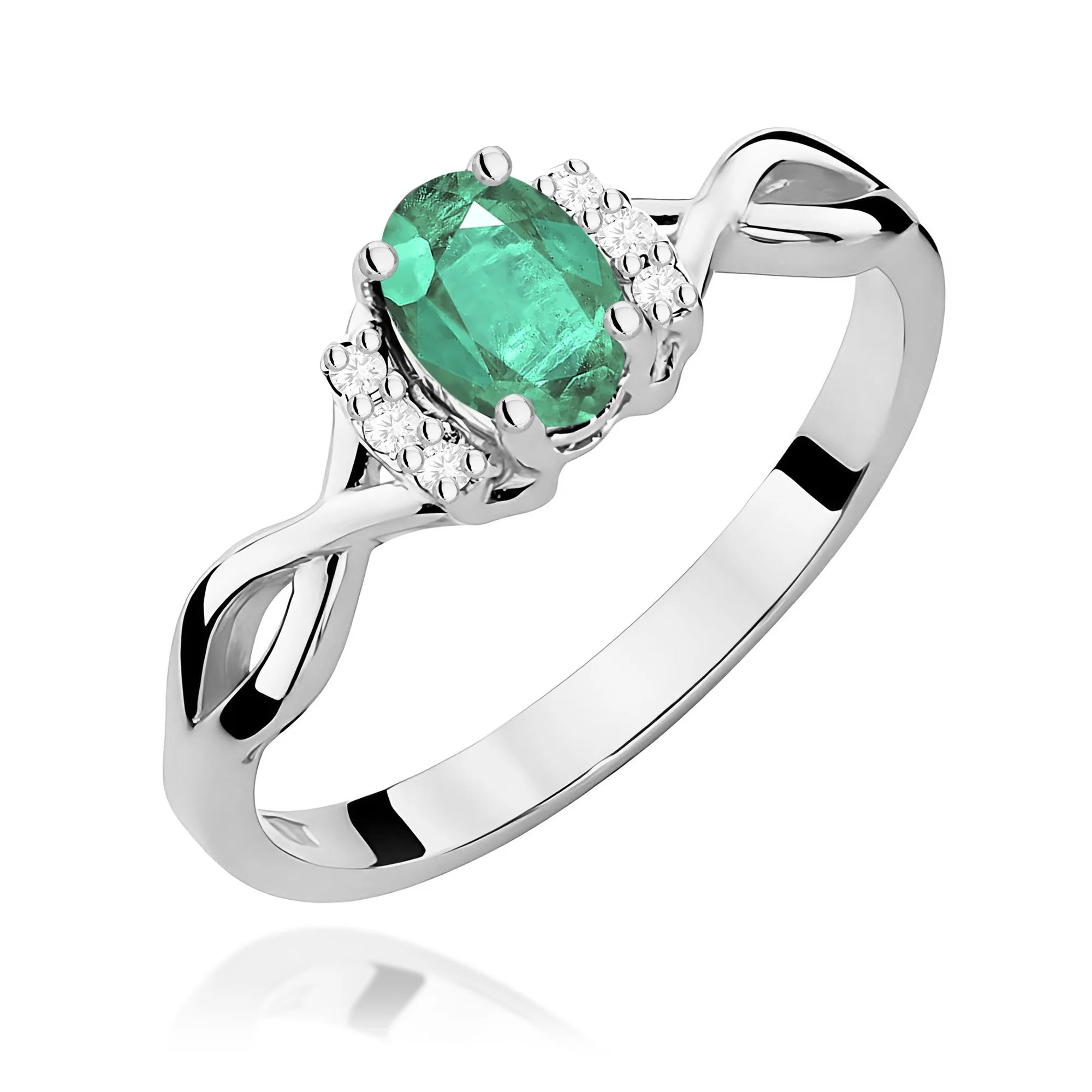 14k (585) White Gold Ring | Emerald and 0.052ct Diamonds | GREMARI Jewelry

