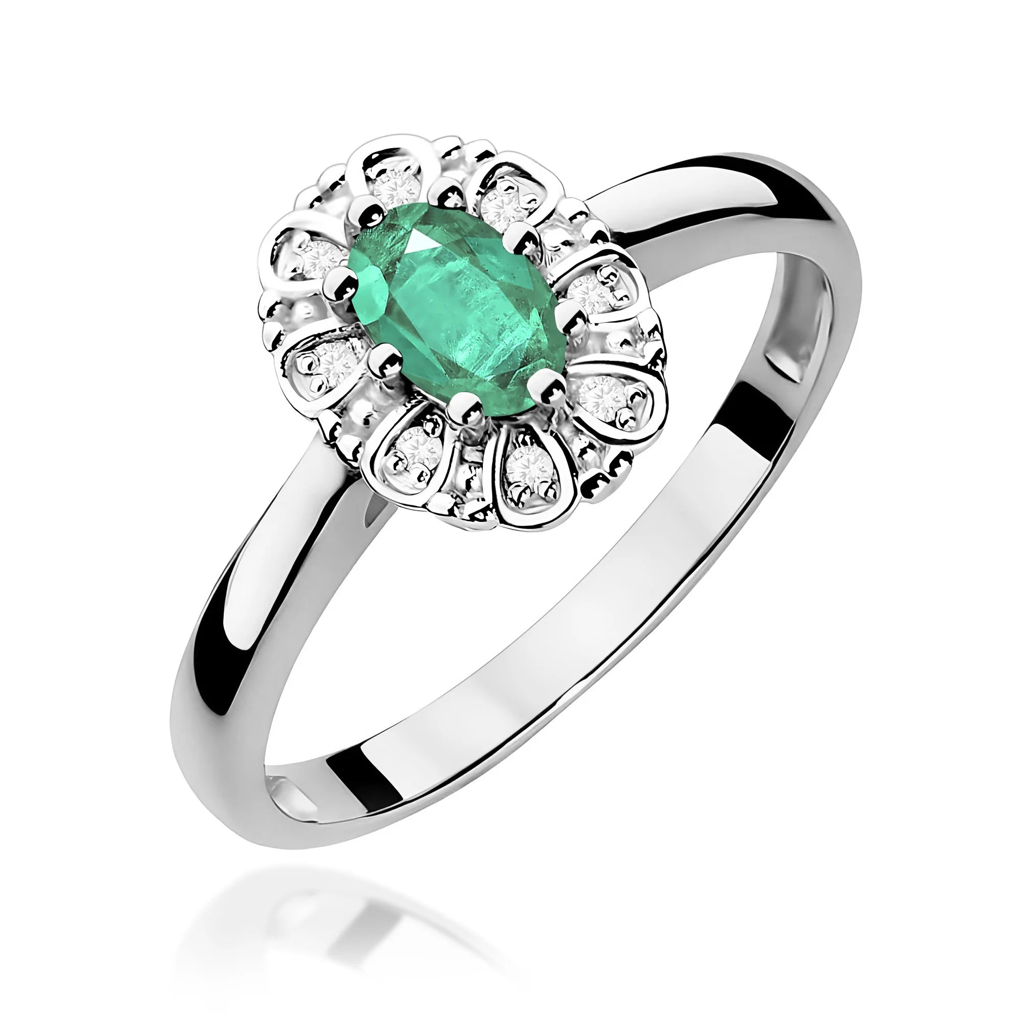 14k (585) White Gold Ring | 0.40ct Emerald and 0.069ct Diamonds | GREMARI Jewelry
