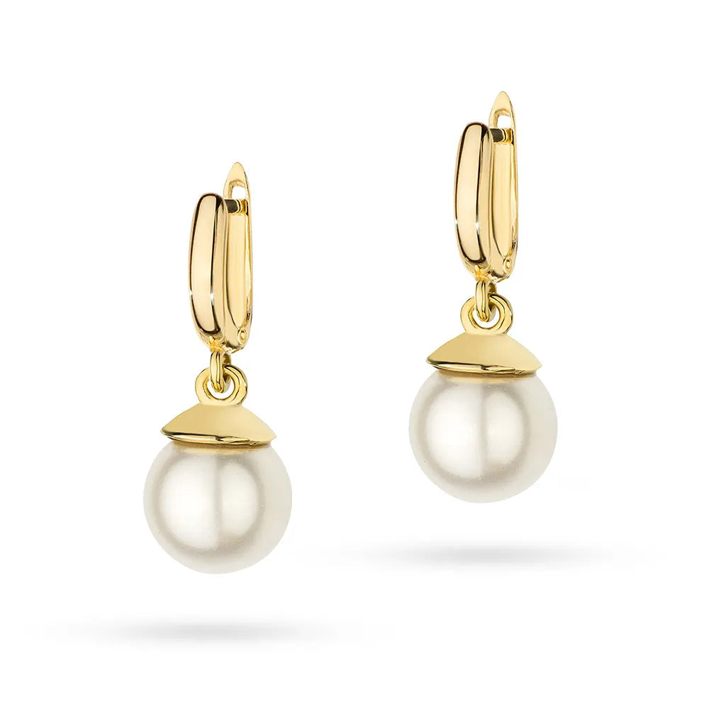 14k Gold English Clasp Earrings | Synthetic Pearl | Vintage Elegant Classic Fine Jewelry Gift