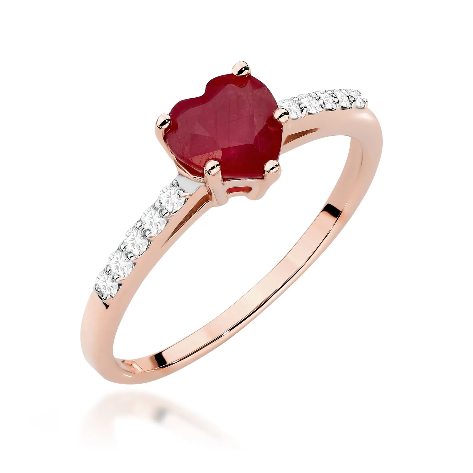 14k rose gold ring with rubin heart and 0.10ct diamonds. Packed in black box, paper and gift bag.