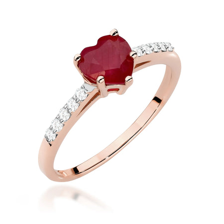 14k rose gold ring with rubin heart and 0.10ct diamonds. Packed in black box, paper and gift bag.
