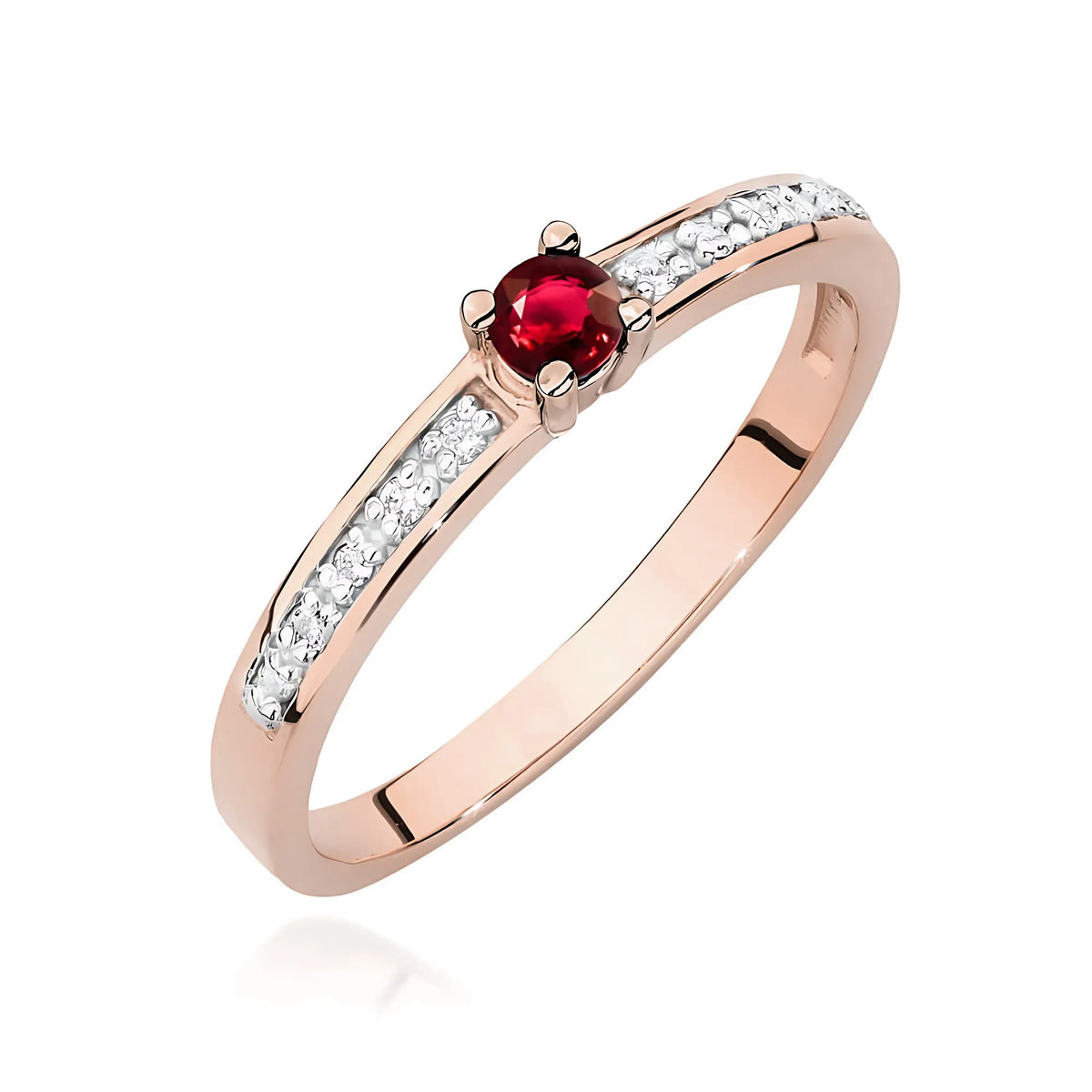 14k rose gold ring with 0.15ct ruby and 0.05ct diamonds. Packed in black box, paper and gift bag.