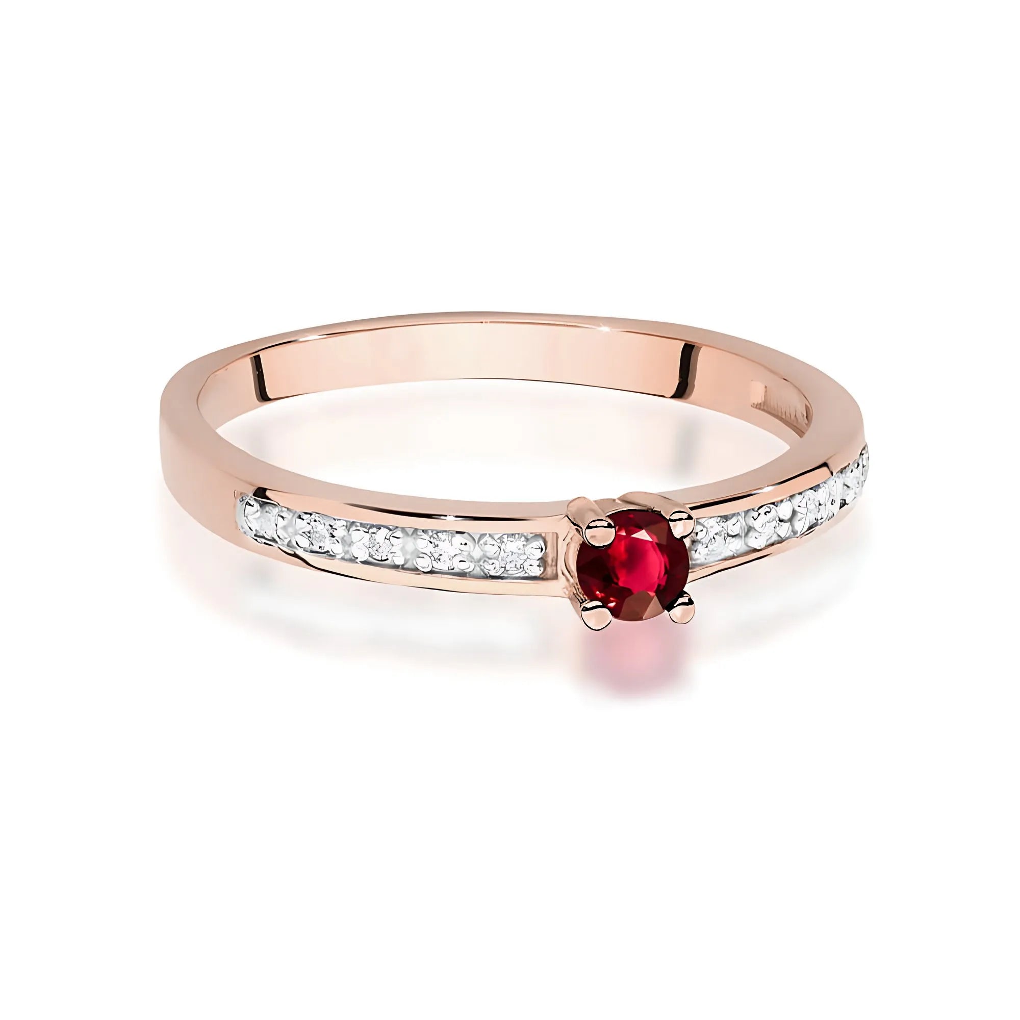14k rose gold ring with 0.15ct ruby and 0.05ct diamonds. Packed in black box, paper and gift bag.