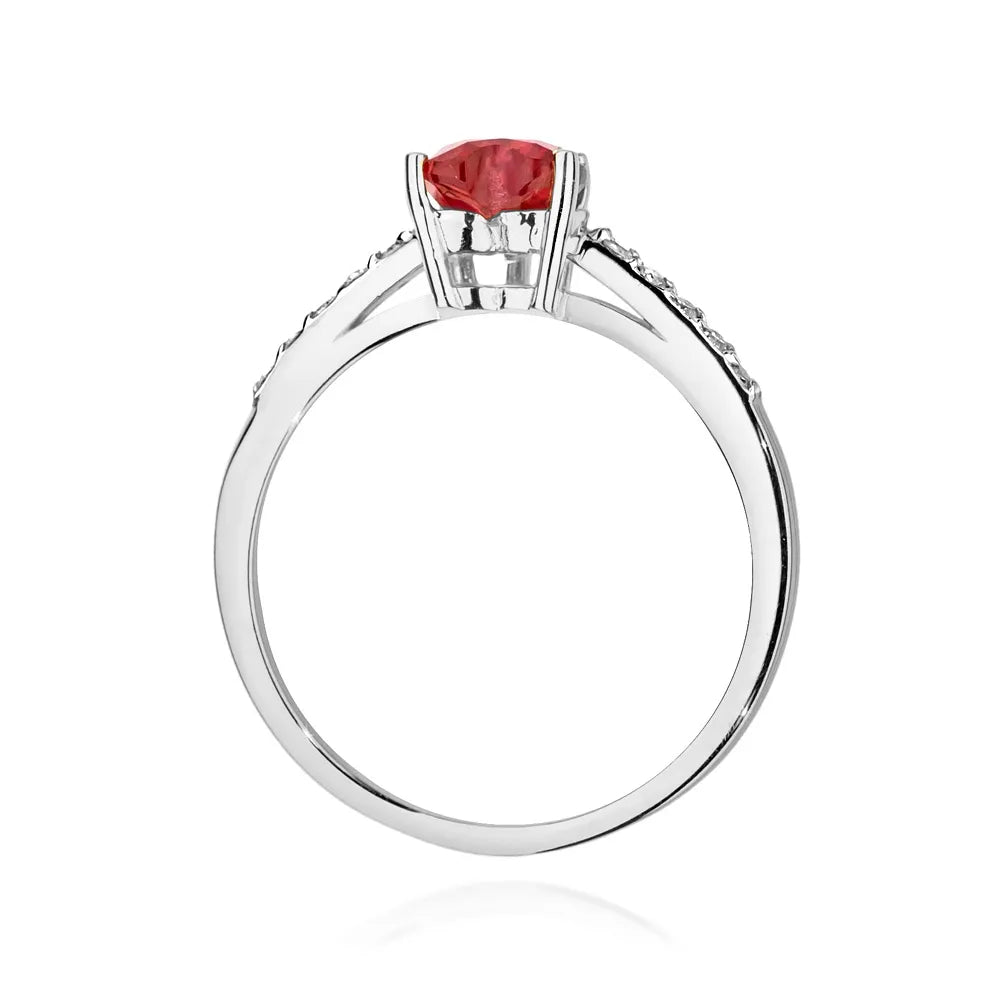 14k white gold ring with rubin heart and 0.10ct diamonds. Packed in black box, paper, and gift bag.