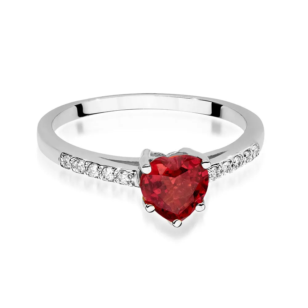 14k white gold ring with rubin heart and 0.10ct diamonds. Packed in black box, paper, and gift bag.