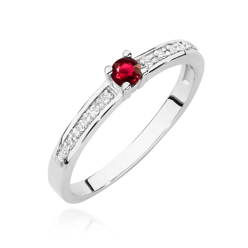 14k white gold ring with 0.15ct ruby and 0.05ct diamonds. Packed in black box, paper and gift bag.