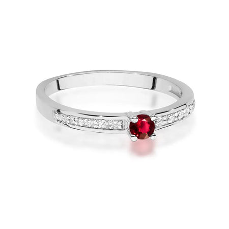 14k white gold ring with 0.15ct ruby and 0.05ct diamonds. Packed in black box, paper and gift bag.