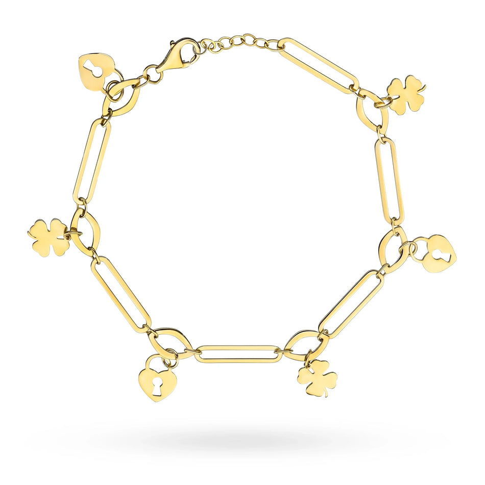 Zlatý náramek se širokými články a přívěsky zámek a čtyřlístek