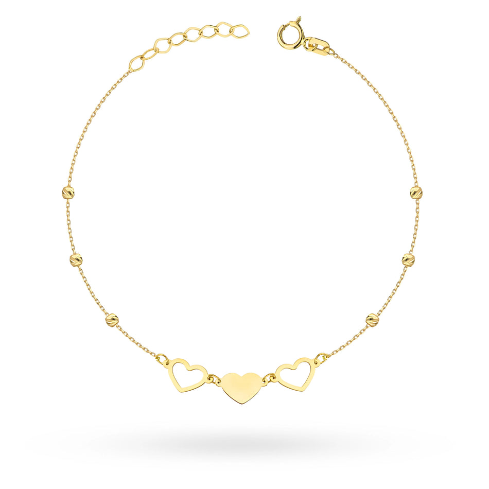 Zlatý náramek se třemi srdíčky a korálky s diamantovým brusem