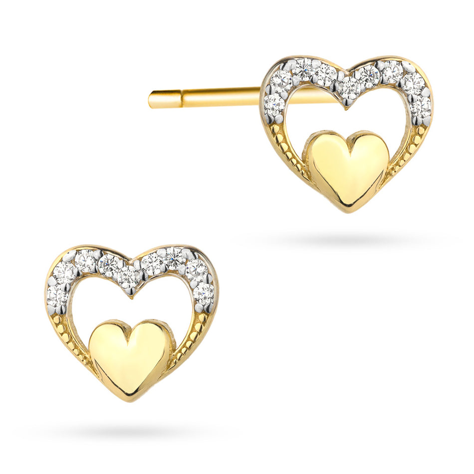 Yellow Gold Heart-in-Heart Stud Earrings with Cubic Zirconia | 585 (14k) Yellow Gold Stud Earrings