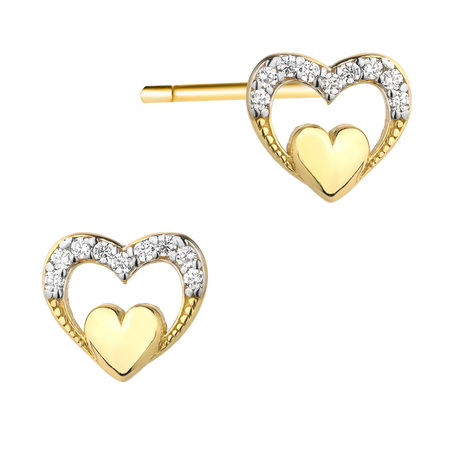 Yellow Gold Heart-in-Heart Stud Earrings with Cubic Zirconia | 585 (14k) Yellow Gold Stud Earrings