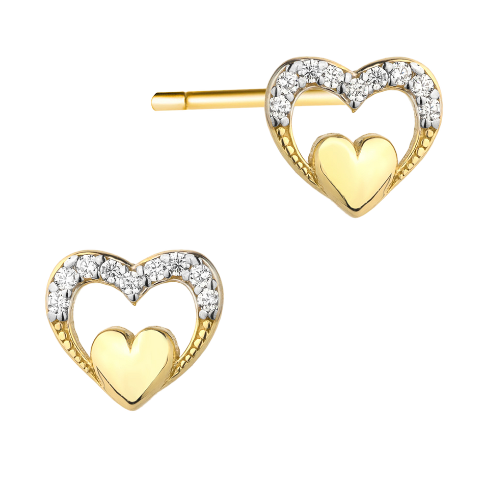 Yellow Gold Heart-in-Heart Stud Earrings with Cubic Zirconia | 585 (14k) Yellow Gold Stud Earrings