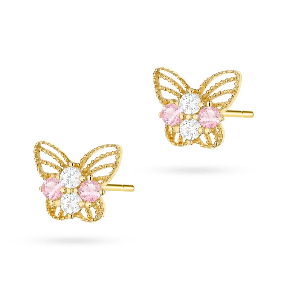 Children’s Gold Openwork Butterfly Stud Earrings with White and Pink Zirconia