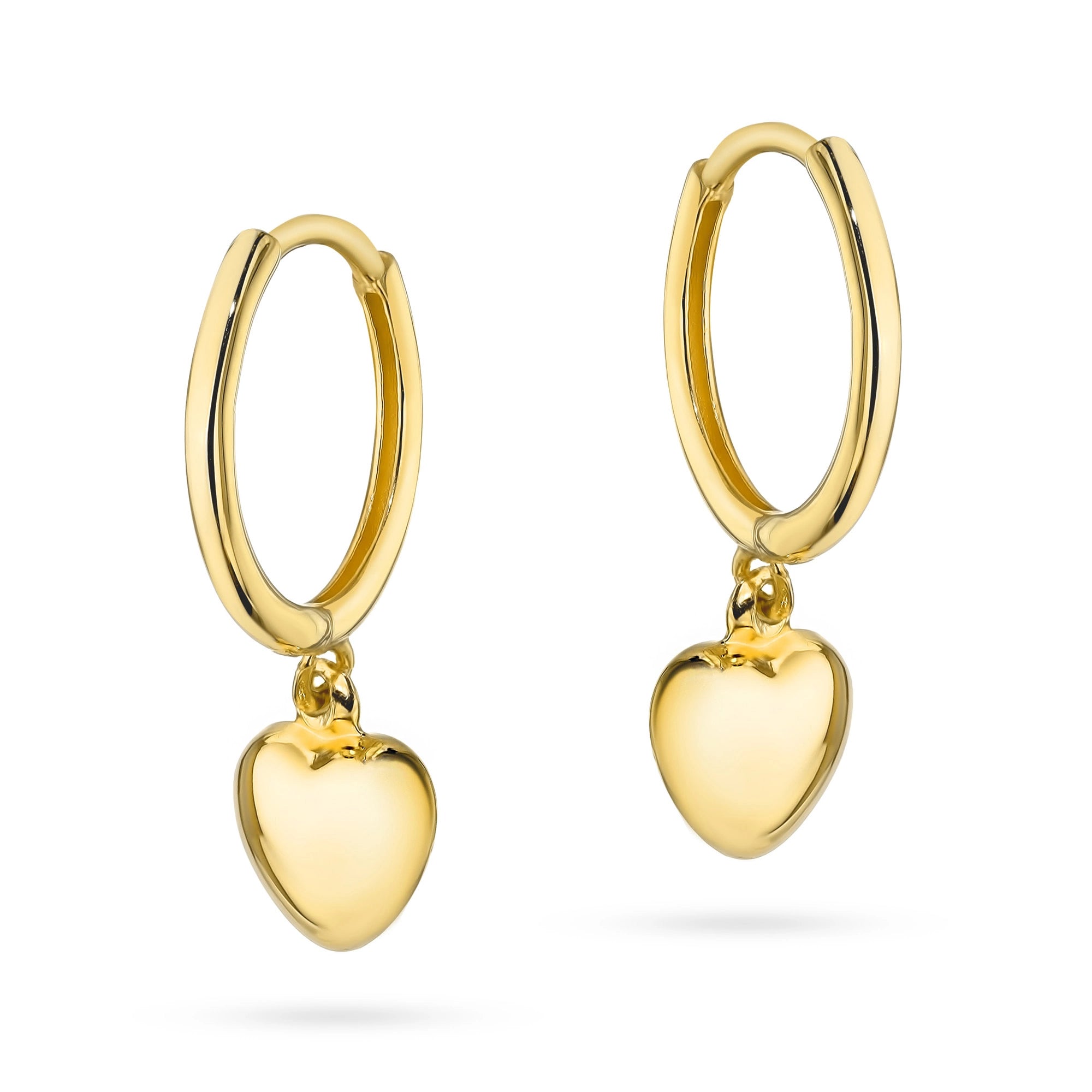 Yellow Gold Hoop Earrings with Heart Charms | 585 (14k) Yellow Gold Hinged Hoop Clasp Earrings