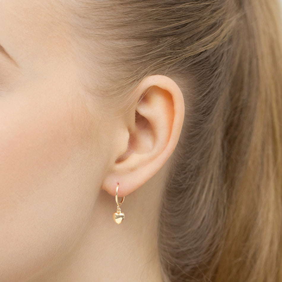 Yellow Gold Hoop Earrings with Heart Charms | 585 (14k) Yellow Gold Hinged Hoop Clasp Earrings