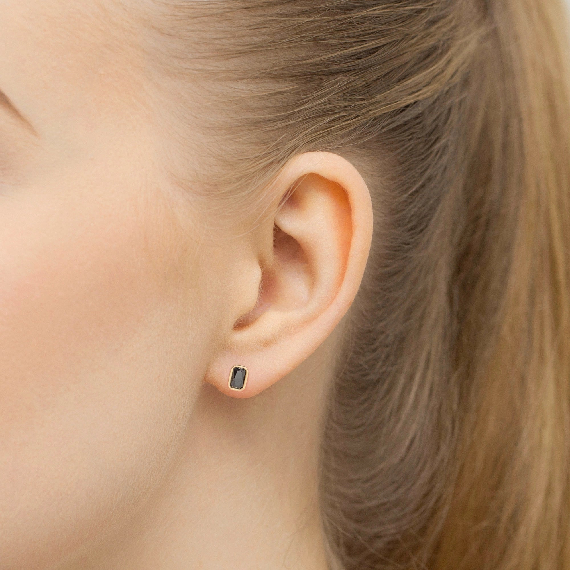Yellow Gold Rectangular Stud Earrings with Black Cubic Zirconia | 585 (14k) Yellow Gold Stud Earrings