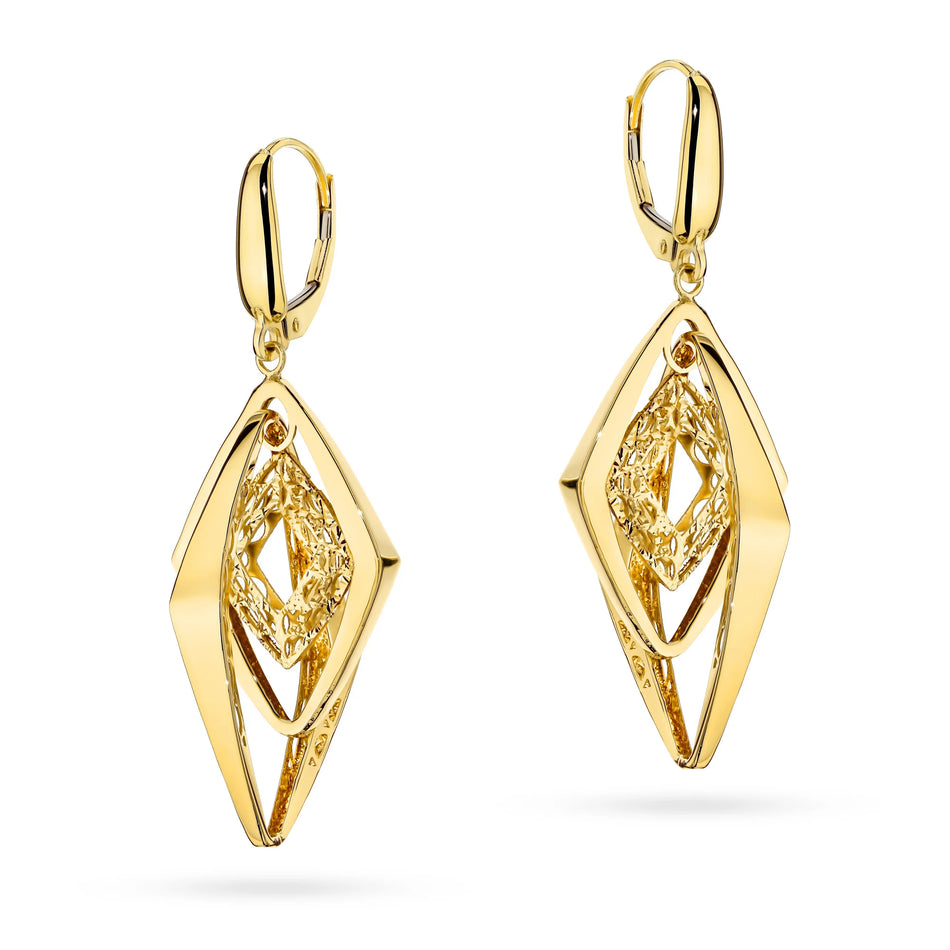 Yellow Gold Triple Openwork Diamond-Shaped Drop Earrings | 585 (14k) Yellow Gold English Clasp Earrings