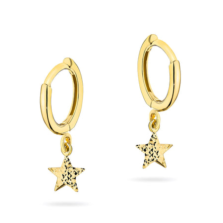 Yellow Gold Diamond-Cut Star Creole Hoop Earrings | 585 (14k) Yellow Gold Hinged Hoop Clasp Earrings