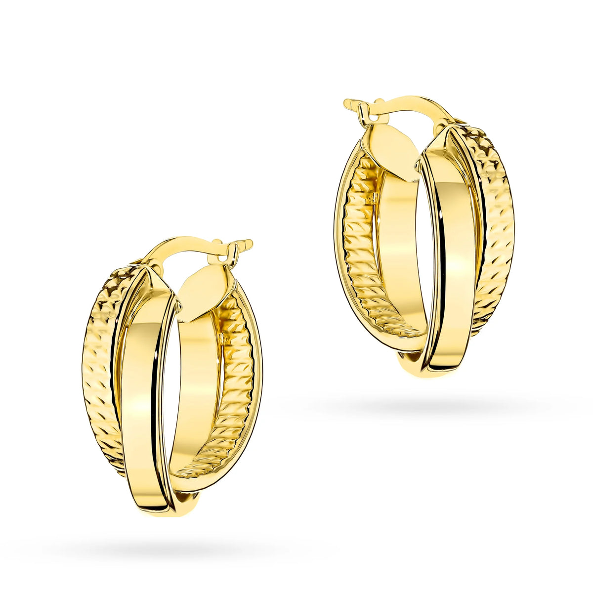 Yellow Gold Double Hoop Drop Earrings with Mixed Finish | 585 (14k) Yellow Gold English Clasp Earrings