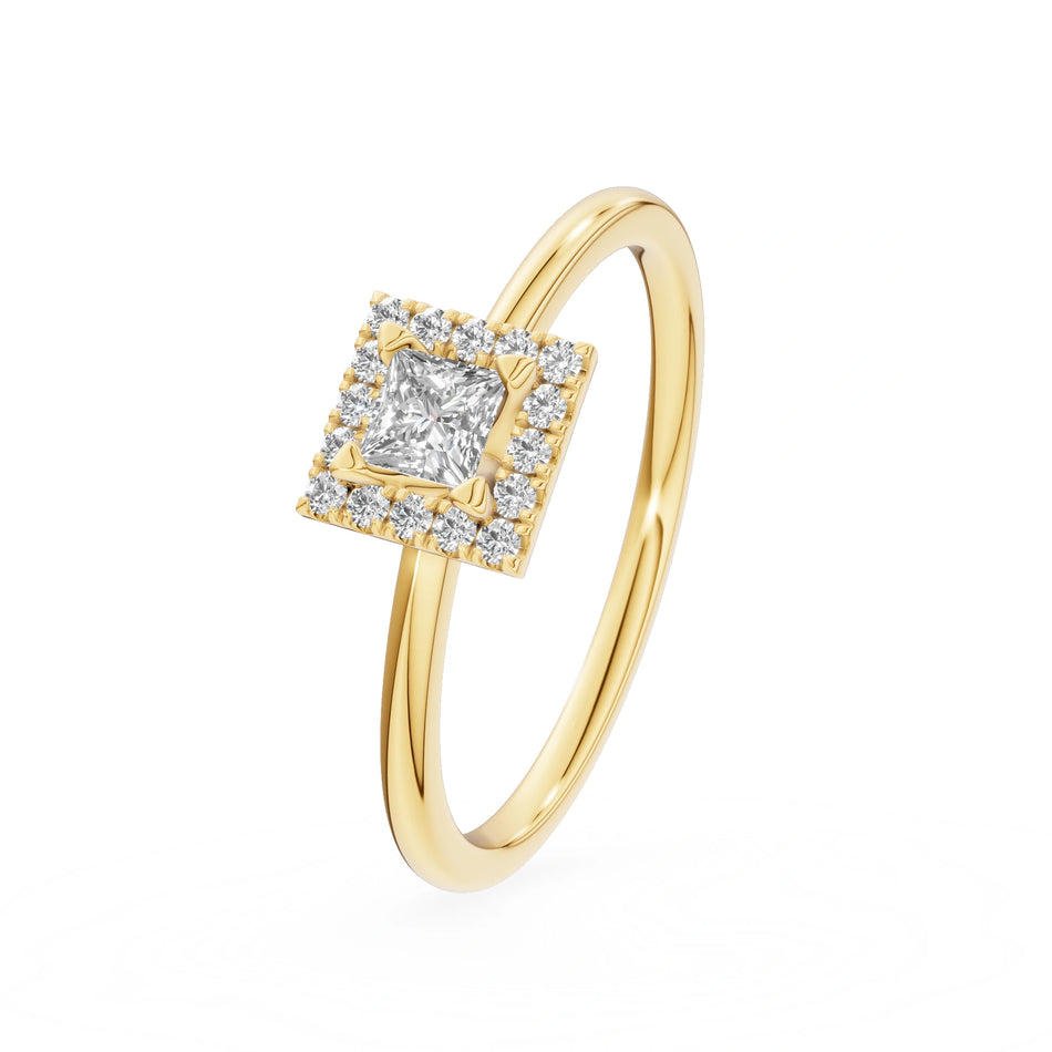 Gremari Seven Aura zásnubní prsten ze žlutého zlata s 0,15 ct lab-grown diamantem – Princess