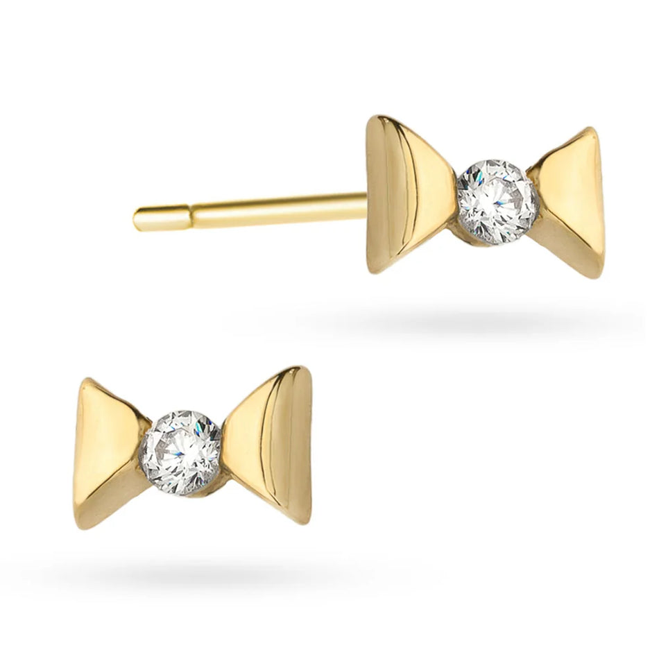 Zlaté náušnice s mašlí a kubickou zirkonií