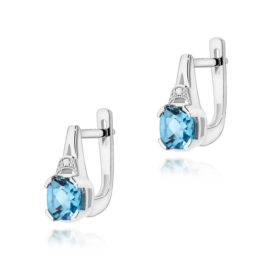 White Gold Earrings with 1.10 ct Topazes and 0.01 ct Diamonds | 585 (14k) White Gold English Clasp Earrings