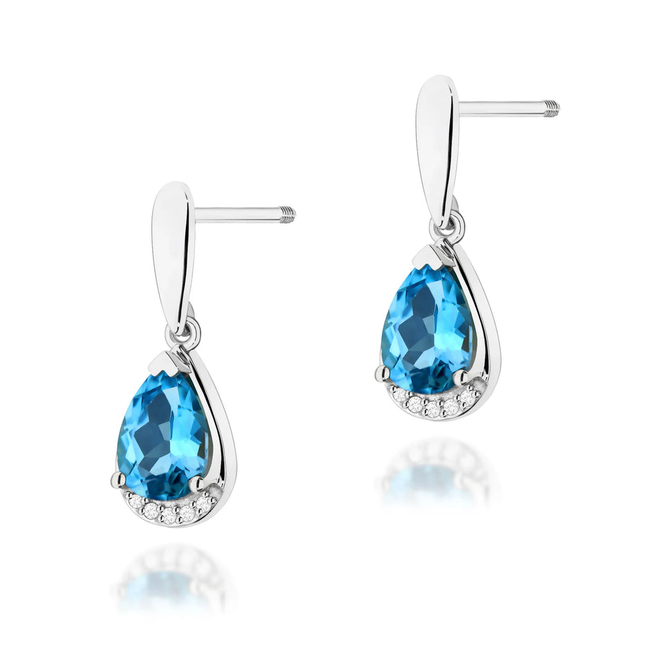 White Gold Earrings with 1.40 ct Topazes and 0.05 ct Diamonds | 585 (14k) White Gold Screw Back Stud Earrings