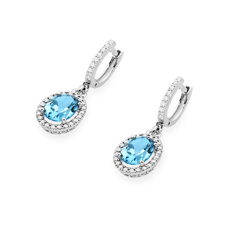 White Gold Earrings with 1.70 ct Topazes and 0.36 ct Diamonds | 585 (14k) White Gold English Clasp Earrings