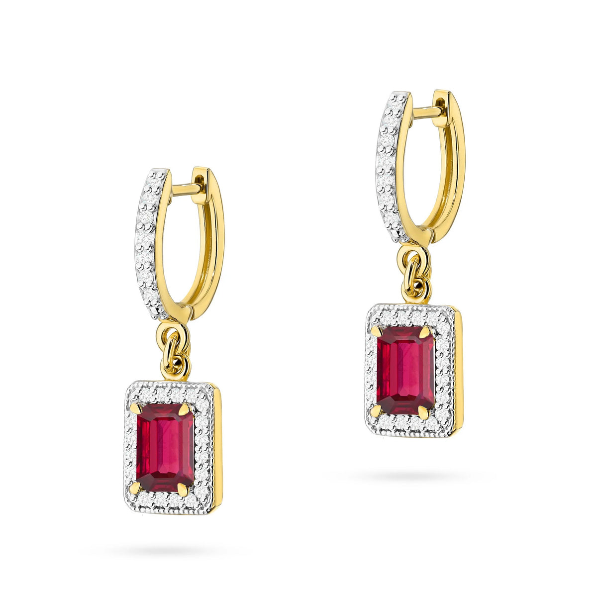 zlaté náušnice s 2 × 0,80 ct rubíny a 0,34 ct doplňujícími diamanty k0422-rur-01