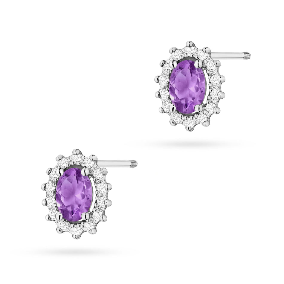 White Gold Earrings with 0.40 ct Amethysts and 0.24 ct Diamonds | 585 (14k) White Gold Screw Back Stud Earrings