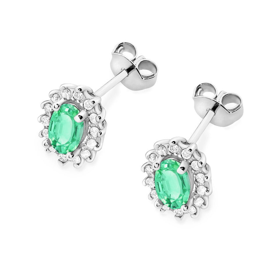 White Gold Earrings with 0.40 ct Emeralds and 0.24 ct Diamonds | 585 (14k) White Gold Stud Earrings