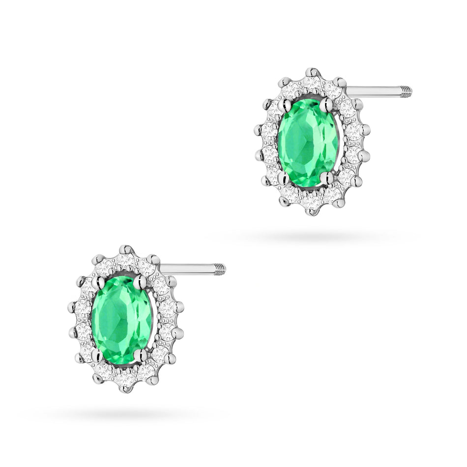 White Gold Earrings with 0.40 ct Emeralds and 0.24 ct Diamonds | 585 (14k) White Gold Screw Back Stud Earrings