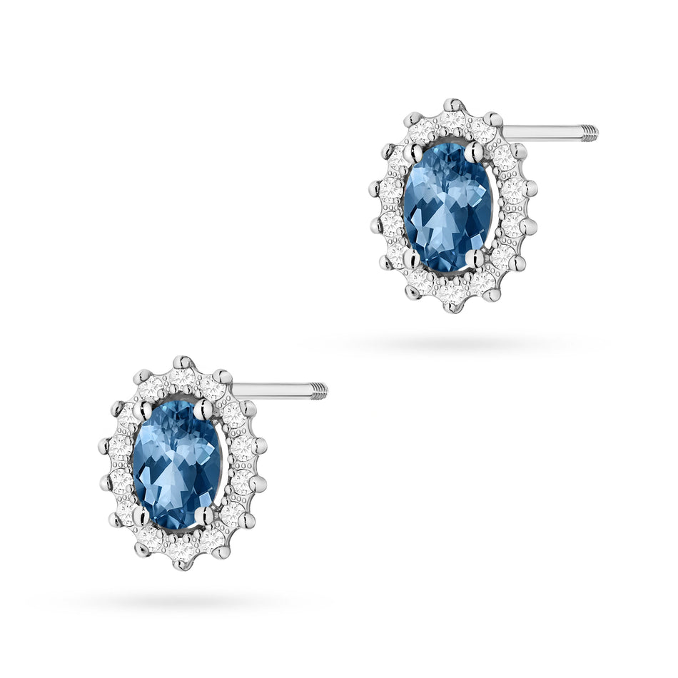 White Gold Earrings with 0.50 ct London Blue Topazes and 0.24 ct Diamonds | 585 (14k) White Gold Screw Back Stud Earrings