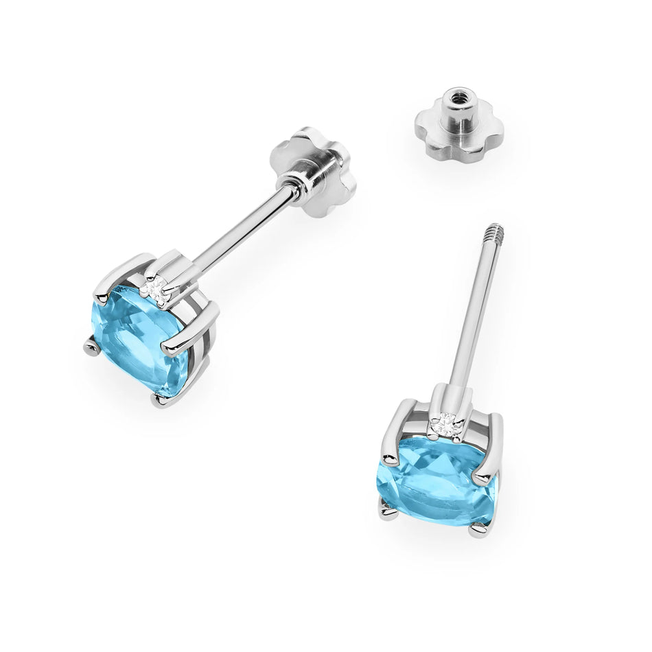 White Gold Earrings with 1.10 ct Topazes and 0.029 ct Diamonds | 585 (14k) White Gold Screw Back Stud Earrings