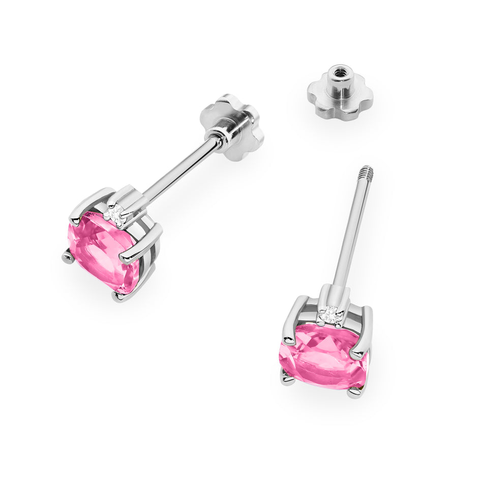 White Gold Earrings with 1.10 ct Pink Topazes and 0.029 ct Diamonds | 585 (14k) White Gold Screw Back Stud Earrings