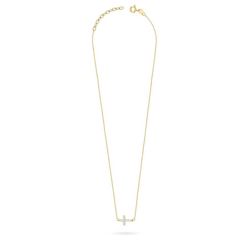 Jemný náhrdelník ze žlutého zlata 14K s ležatým diamantovým křížkem