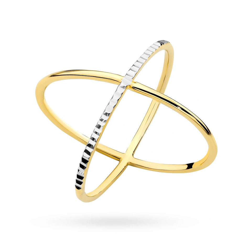 Dvoubarevný zkřížený zlatý prsten s diamantovým broušením
