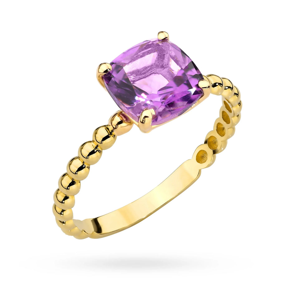 Prsten se zlatými korálky a čtvercovým ametystem
