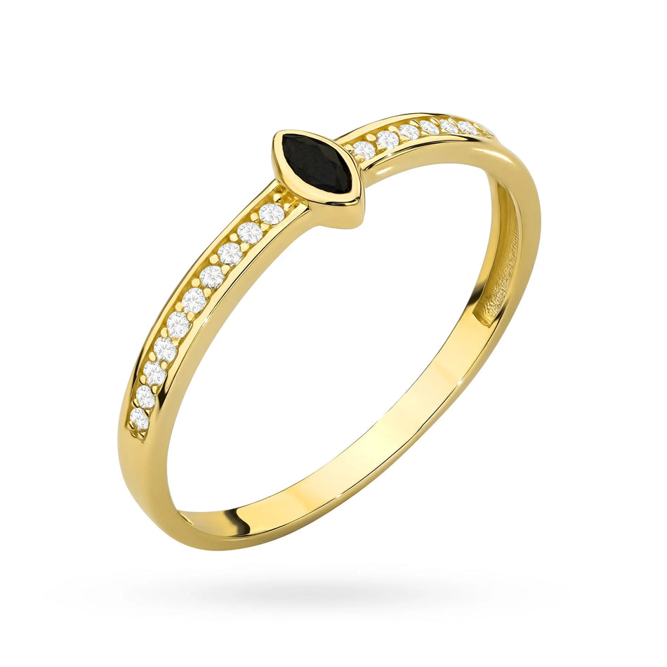 Prsten zlatý ve tvaru kapky s černým kamenem a zirkonií